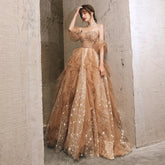 BXOXO Champagne Long Evening Dress Large Hem Design Strapless Off Shoulder Ruffle Beading Sequins Tulle Wedding Formal Party Prom Gown